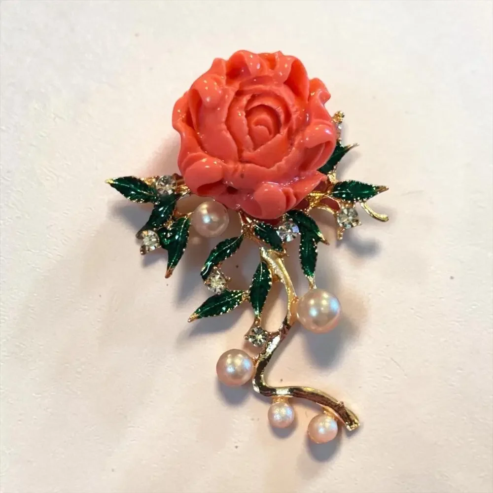 Coral Rose Brooch Pearl Rhinestone Cascade Enamel Leaves Vintage Glam